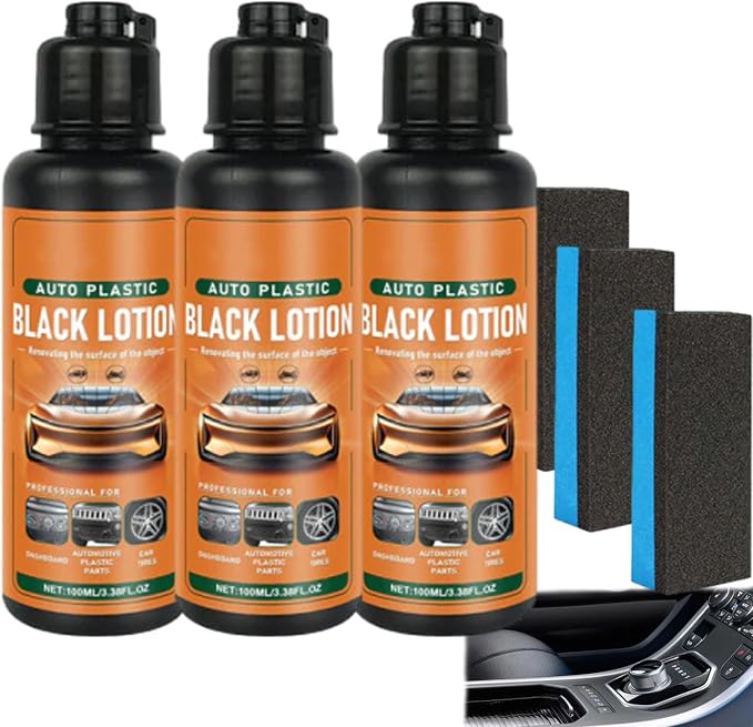 Auto Plastic Restorer Kit 100ml, Black Lotion for Dashboard Door Panel Bumper Tire Trim, Fast Drying Long Lasting Coating with Sponge (3PCS+3*Sponge)