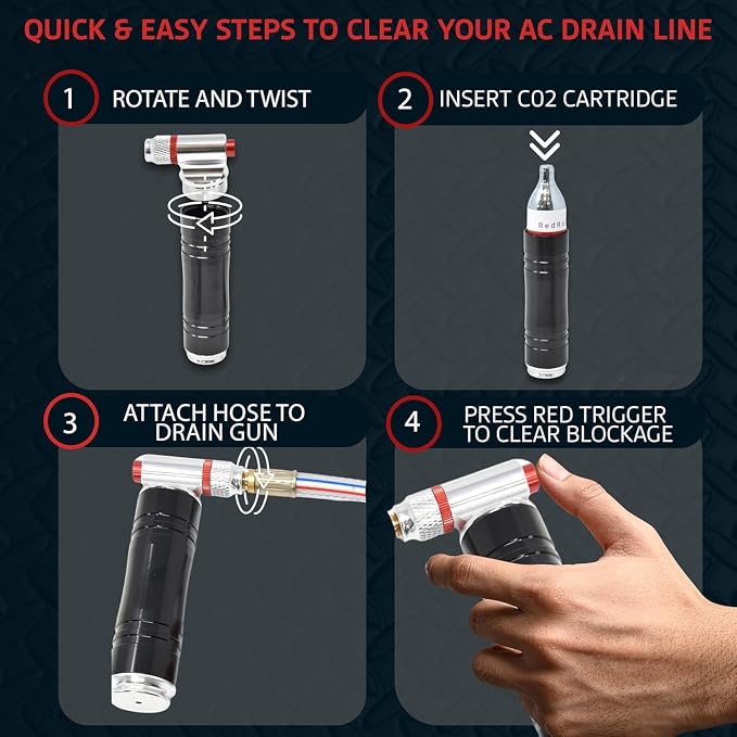 RedRock Gallo Drain Gun AC Drain Line Cleaner Tool, HVAC Air Conditioner Condensate Blaster Cleaning Kit with Flexible Hose Pipe, Includes 5 Unthreaded CO2 Cartridges