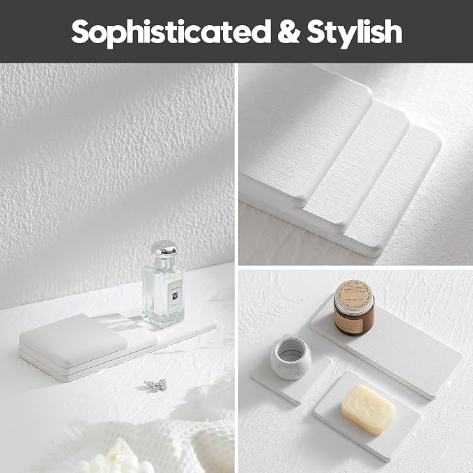 2PCS Beige Bathroom Sink Vanity Trays, Water Absorbing Diatomite Stone Drying Soap Dish Dispenser for Kitchen Counter, Sponge Holder Mat Rack Faucet Splash Guard Caddy Organizer, 9"x3.5"