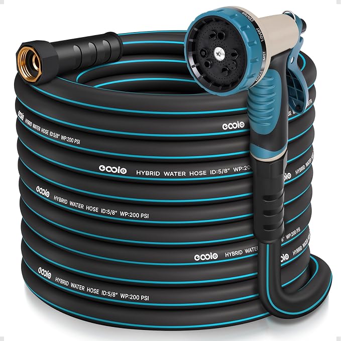 Garden Hose 75 ft x 5/8" with Nozzle, Water Hose Heavy Duty Flexible, Lightweight Kink-less Hybrid Hose with Swivel Handle, Male to Female Fittings