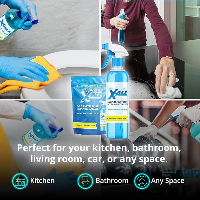 X-ALL Multi-Purpose Cleaner - Spray Bottle and 5x Cleaning Tablets - Cleaner for Oven, Kitchen & Floor surfaces, and Removes Grease and Grime
