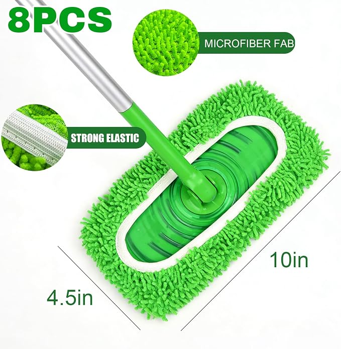 Septo 8Pcs Reusable Microfiber Mop Pads, Replacement Compatible with Sweeper Mop, Refills & Washable Dry Sweeping Cloths for Surface Hardwood Floor Cleaning(Grass Green)