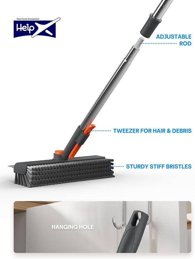 Floor Scrub Brush with Long Handle & Squeegee, 3 in 1 Floor Scrubber | Stiff Dual-side Bristle, 360° Swivel Head with Tweezer, for Cleaning Tile Wall Deck Bathroom Patio Garage Pool Kitchen (Gray)