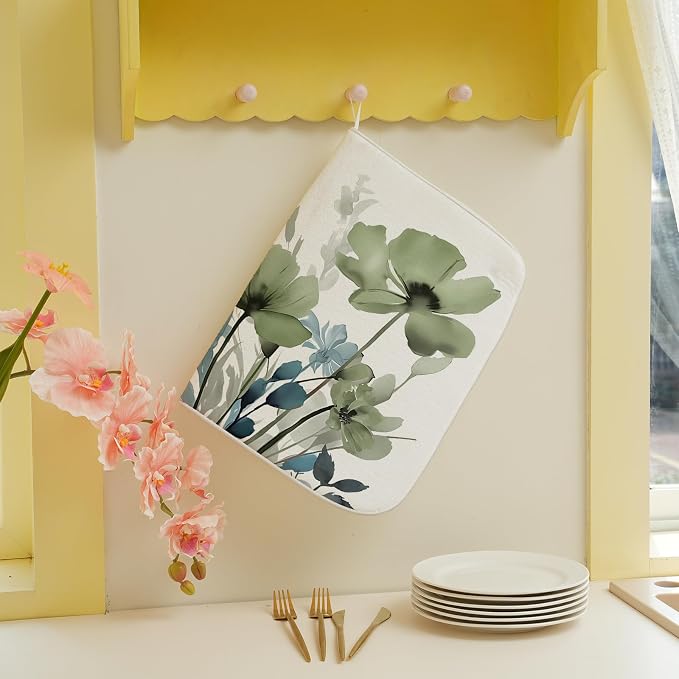 Blue Sage Green Dish Drying Mats 18x24 Inch Mats Vintage Floral Spring Drying Mats Summer Watercolor Flower Decor Seasonal Absorbent Drying Dish Mats for Kitchen Dining Room Counter Decorations