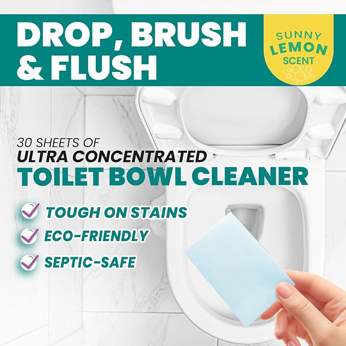 Uncle Todd's Toilet Cleaner Sheets - 100% Dissolvable, Plastic-Free Packaging, Drop, Brush, & Flush - 30 Sheets