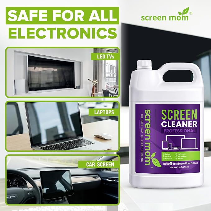 Screen Mom Screen Cleaner Spray 1-Gallon for TV, Car, Laptop and Computer | Streak-Free Formula, Glass & OLED Safe, Refill Dispensing Tap, Alcohol & Ammonia Free, Phones & Tablets Multi-Screen Cleaning
