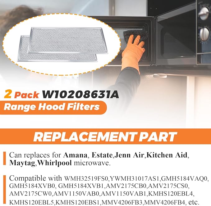 2026 Upgraded W10208631A Microwaves Grease Filter Approx. 13" x 6" by Beaquicy - Replacement for Whirlpool GE Microwaves - Pack of 2