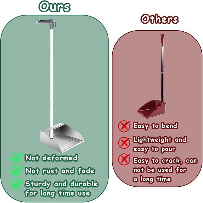 Dust Pans with Long Handle,Heavy Duty Metal Dust Pan with Dust Pan Teeth | Stand Up Dustpan with 3pcs Adjustable Handle,Stainless Steel Dust Pan with Teeth to Clean Hair for Home,Outdoor,Office,Garden