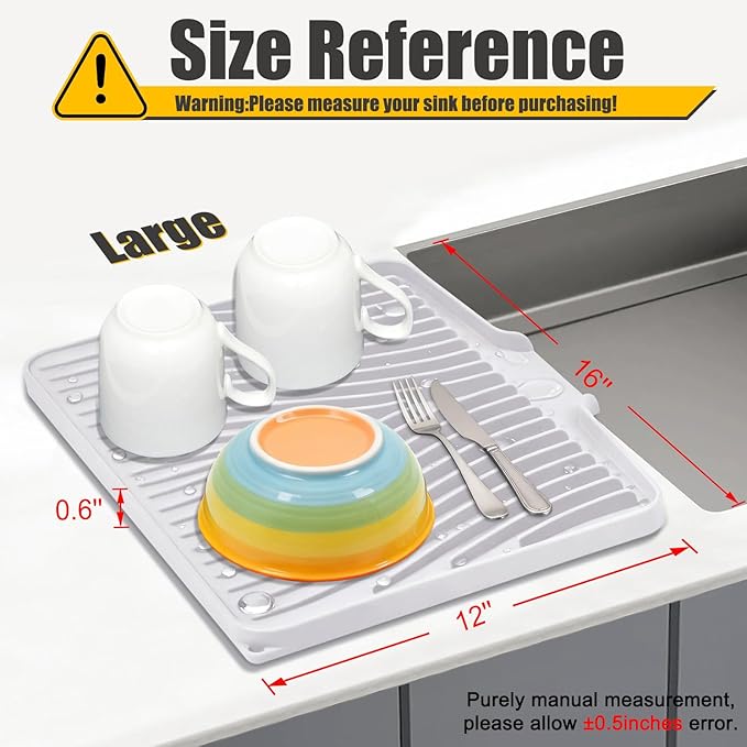 TIKNIK Silicone Dish Drying Mat for Kitchen Counter - Heat Resistant & Non-Slip Dish Drain Pad with Built-In Drain, Dishwasher Safe, Quick-Dry, Hangable & Roll-Up for Storage, White-1pcs, 16" x 12"