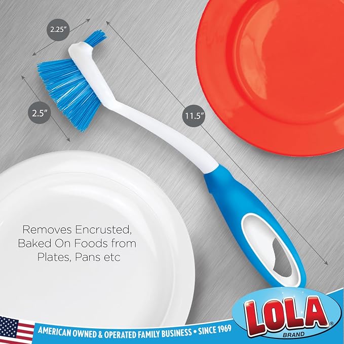 Dish Brush Scrubber for Kitchen, 36 Pack, by LOLA, Stiff Bristles & Food Scraper, Comfort No-Slip Grip Handle, Safe for Non-Stick & Coated Cookware