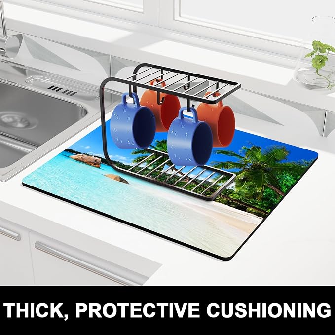 Rnivvi Dish Drying Mat for Kitchen Counter, 16 x 18" Cute Absorbent Heat Resistant Drying Pad with Non-slip Rubber, Coffee Bar Mats for Coffee Machine Dish Rack Kitchen Decor Accessories, Beach