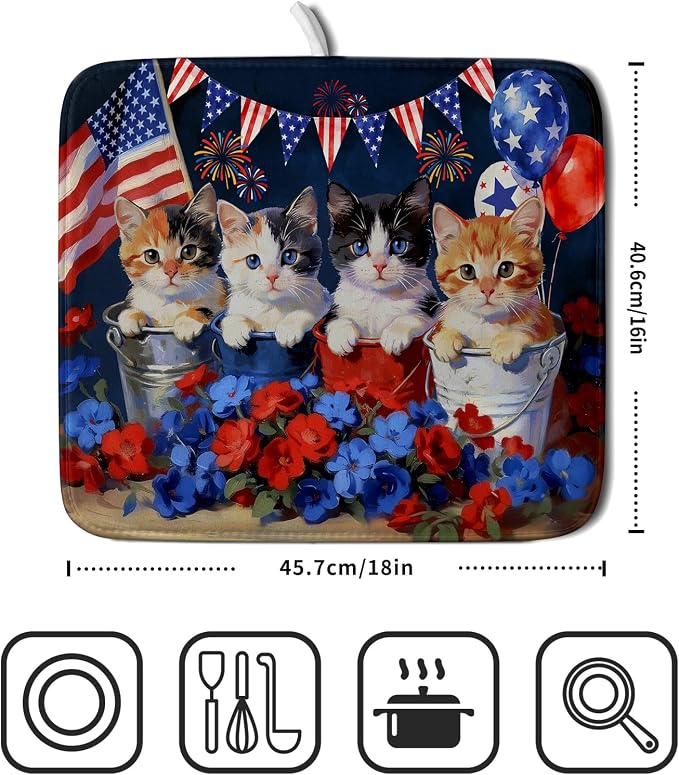 4th of July Dish Drying Mat Patriotic Cats Dish Drying Rack Mat for Kitchen Counter Small