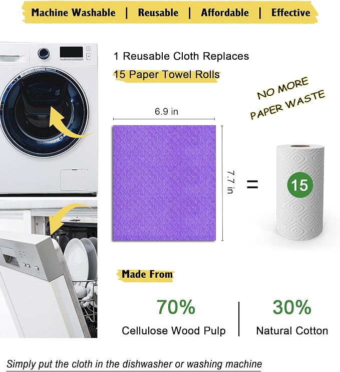 MoLKENE Swedish Dishcloths - 10 Pack Reusable Kitchen Dishcloths - Ultra Absorbent Dish Towels for Washing Dishes - Cellulose Sponge Cloth Cleaning Cloths - Purple