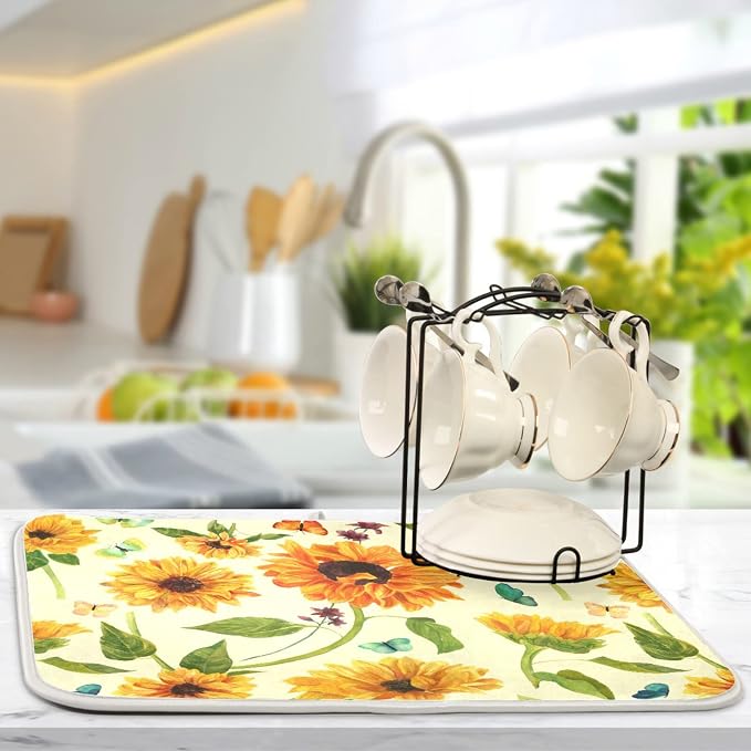 Absorbent Dish Drying Mat for Kitchen Counter - Yellow Sunflowers Butterfly Floral Microfiber Drying Pad, Reversible Drainer Mats for Countertop, Small 16 x 18 inch