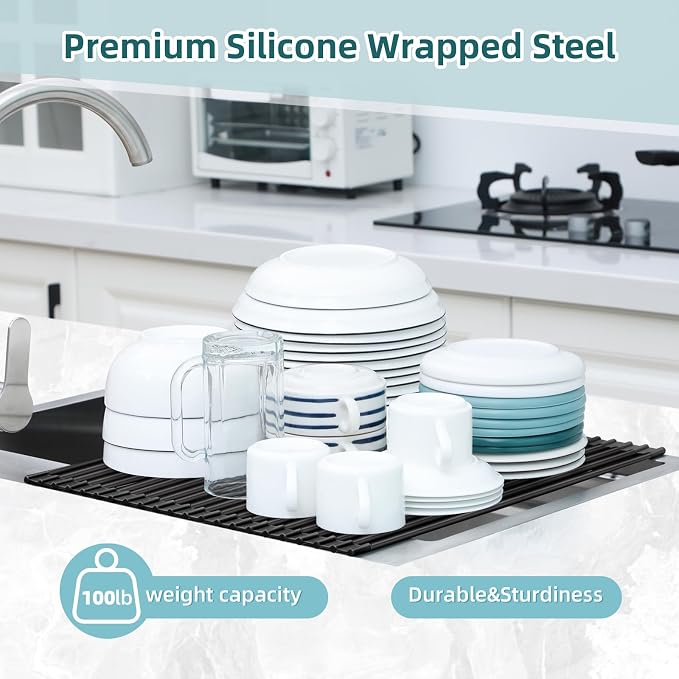 Ohuhu Over The Sink Dish Drainer Drying Rack, 17.6" W x 15.4" L Roll Up Dish Racks Kitchen Sink Organizer Silicone Wrapped Large in Sink Dish Drying Rack Foldable Rolling Drain Mats Anti-Slip
