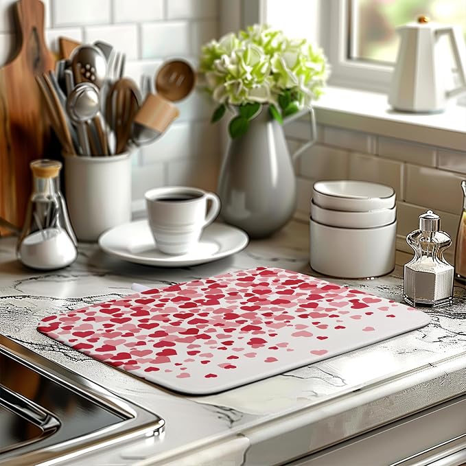 Valentines Dish Drying Mat Pink Red Love Hearts Valentine Drying Mats for Kitchen Counter Absorbent Microfiber Reversible Dish Draining Mat Medium Dishes Pad 16 X 18 Inch