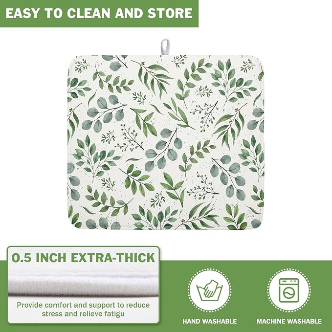 Kawani Sage Green Dish Drying Mat 16x18 In Absorbent Reversible Eucalyptus Leaves Plant Drying Mat Green Plant Dish Drying Rack Mat Spring Summer Themed Dish Drainer Mat for Kitchen Counter Coffee Bar