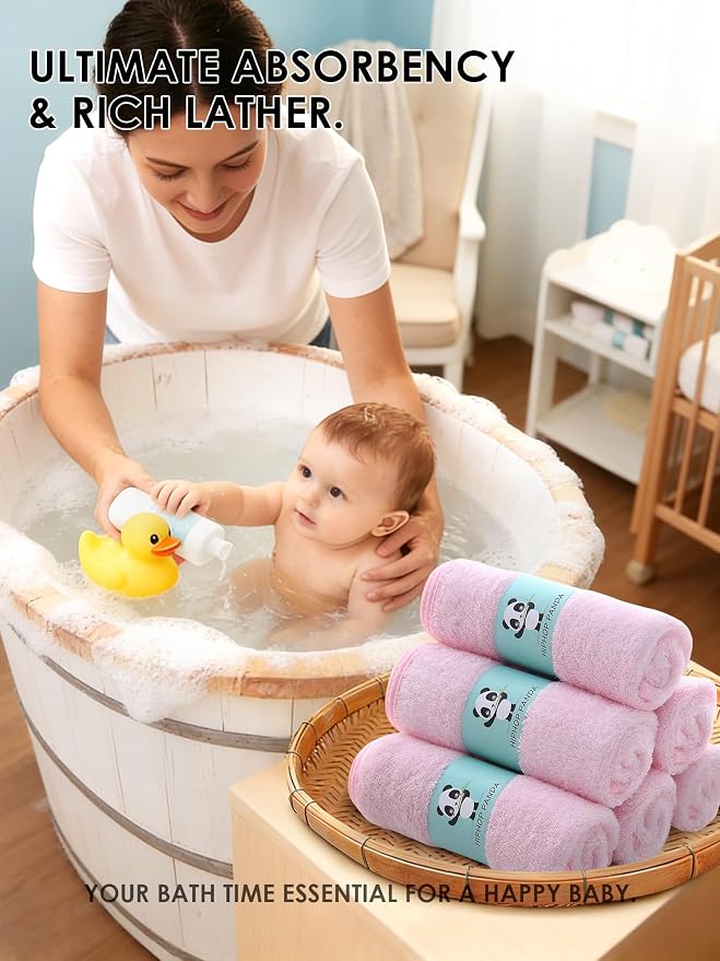HIPHOP PANDA Baby Washcloths, Rayon Made from Bamboo - 2 Layer Ultra Soft Absorbent Newborn Bath Face Towel - Reusable Baby Wipes for Delicate Skin - Pink, 6 Pack