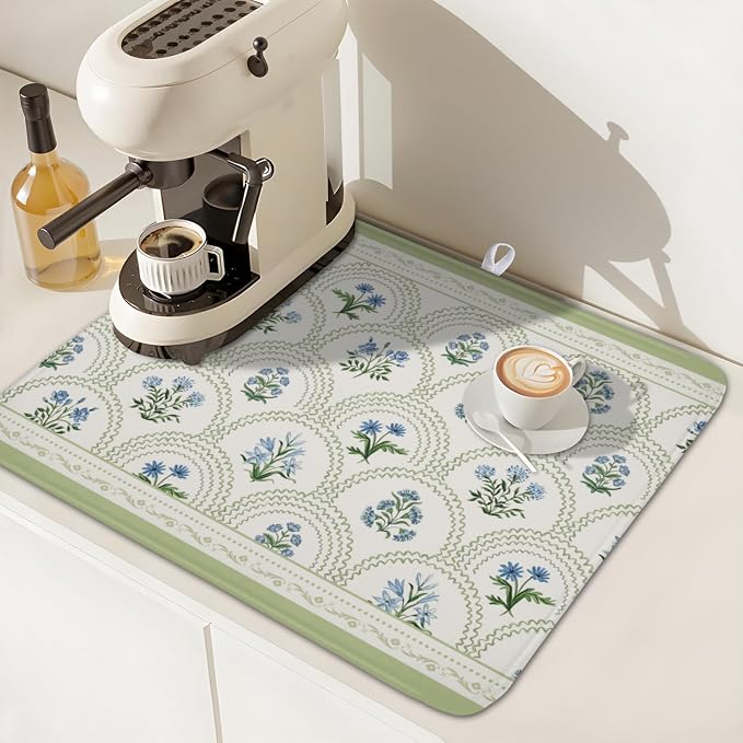 Blue Floral Print Green Stripe Dish Drying Mat 16 x 18 Inch | Rustic，Polyester，Absorbent Microfiber，for Kitchen Coffee Dining Bar Decor