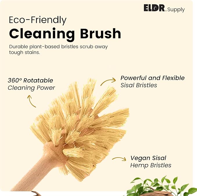 ELDR Supply Bottle Brush, 14in Extra Long German Beechwood Handle, Strong Hemp Bristles, Zero Waste, Cleans and Scrubs Hard to Reach Wide Mouth Jars, Glasses, and Tumblers