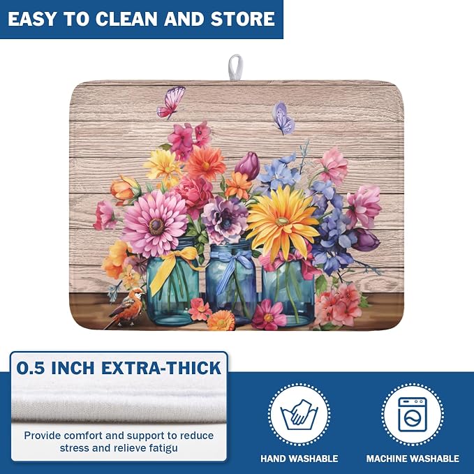 Purple Floral Wooden Board Dish Drying Mat 18x24 Inch | Vases，Vintage，Polyester，Absorbent Microfiber，for Kitchen Coffee Dining Bar Decor