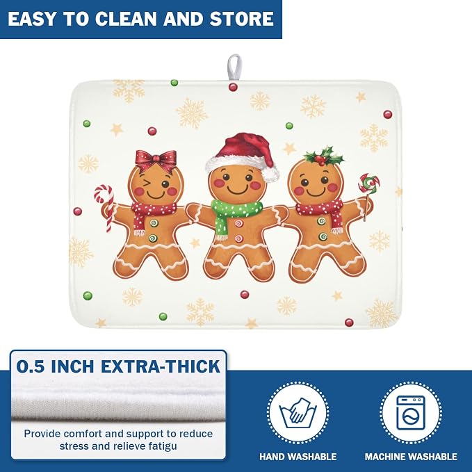 Christmas Gingerbread Man Dish Drying Mat for Kitchen Counter Xmas Gold Snowflake Dish Drainer Mat Rustic Farmhouse Winter Holiday Absorbent Washable Drying Pad 18"x24"