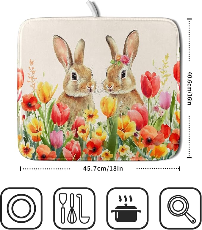 Easter Bunny Dish Drying Mat 16x18 inch Spring Floral Drying Pad Holiday Absorbent Microfiber Dishes Drainer Protector for Kitchen Counter
