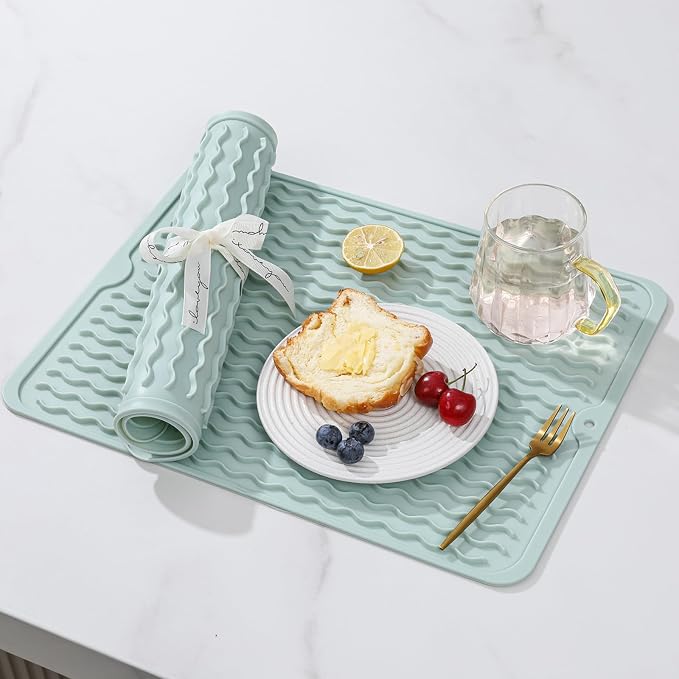 2 Pack Caketime Silicone Dish Drying Mat for Kitchen Counter Escurridor de Trastes para Cocina Cooking Dining Hot Pads Rubber Palcemats Coffee Bar Must Haves Women Gifts 15"x11.5" Green