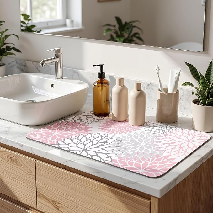 Findosom Dish Drying Mat, 12" x 20" Super Absorbent Dish Mat with Floral, Hide Stain Drying Mat for Kitchen Counter, Under Dish Rack, Coffee Maker, Espresso Machine, Pink
