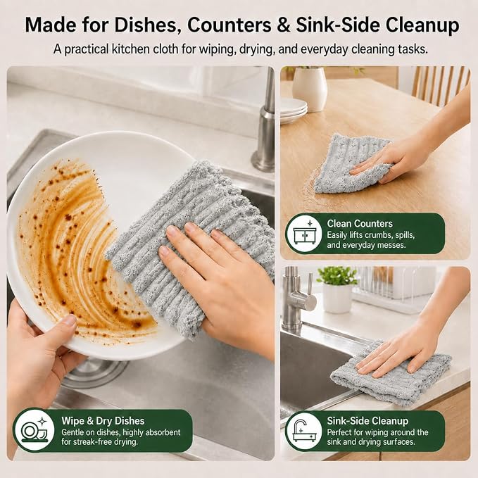 kimteny Microfiber Dish Cloths for Kitchen, 12 Pack 12 x 12 Inch Coral Velvet Kitchen Cleaning Cloths, Absorbent Reusable Non-Scratch Dish Rags for Dishes, Countertops & Sink