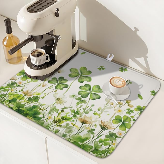 St Patrick's Day Green Clover Dish Drying Mat 16x18 Inch | Shamrock，Polyester，Absorbent Microfiber，for Kitchen Coffee Dining Bar Decor