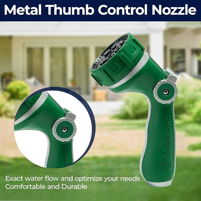 HugeDawn Garden Hose Nozzle with 7 Spray Patterns, Heavy Duty Metal Sprayer 30% Greater Water Flow for Watering, Car Wash, Outdoor Cleaning (Green)