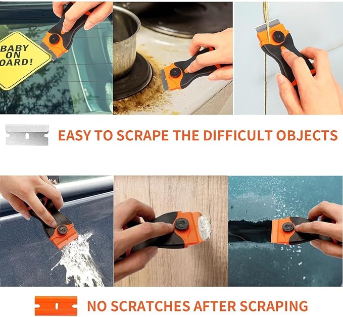 DEKEones Razor Blade Scraper Tool Set, 9 Pack Razor Scraper with 30 Plastic & 30 Metal Blades, Non Scratch Plastic Scrapers Tool for Stickers Label Grout Removal