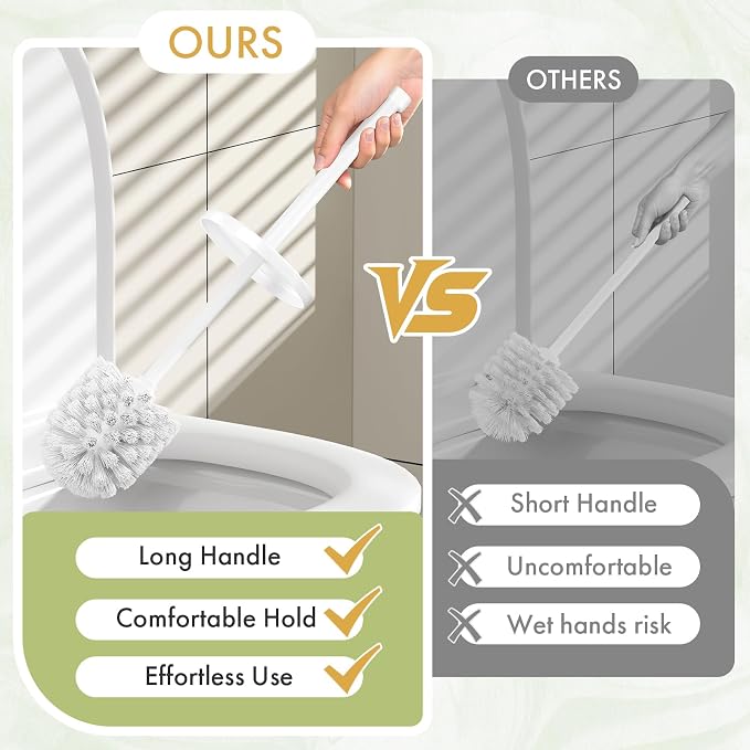 Toilet Bowl Brush and Holder Set 2 Pack with 4 Extra Brush Heads | Extra Long Handle with Splash Guard Cover, Tool-Free Installation, Bathroom Space-Saving, Cleaner Sets for Apartments, RV (White)