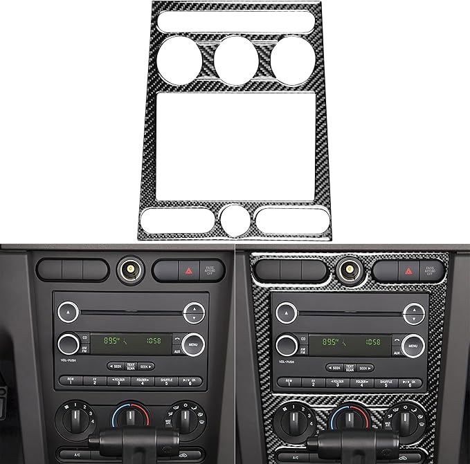 Real Carbon Fiber Trim for Ford Mustang GT Shelby Accessories | for 2005 2006 2007 2008 2009，Central Console A/C CD Player Panel Cover，Thick Overlay Sticker Decal，3PCs