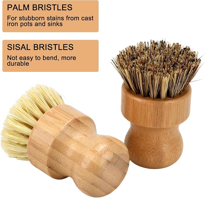 4 Piece Bamboo Dish Brush Set - Bamboo Dish Bottle Brush with Sisal, Dish Scrubber for Kitchen Cleaning Dishes, Pots, Pans