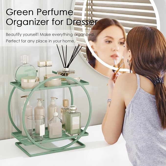 Perfume Organizer for Dresser, 2-Tier Bathroom Counter Organizers, Elegant Round Makeup Organizer for Vanity, Bathroom Organizer Countertop Shelf, Perfume Tray Skincare Storage (Green)