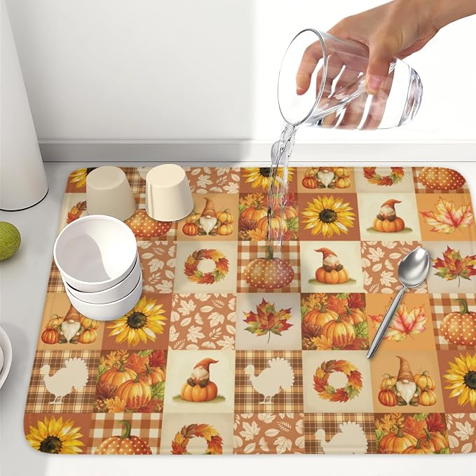 Fall Thanksgiving Dish Drying Mat for Kitchen Counter Autumn Harvest Orange Dish Drainer Mat Rustic Absorbent Washable Drying Pad 18"x24"