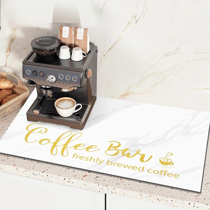 Findosom Dish Drying Mat, 17"x 32" Super Absorbent & Hide Stain Coffee Mat, Cuttable Drying Mat for Kitchen Counter, Coffee Bar Accessories, Under Dish Rack, Coffee Maker, Espresso Machine, White
