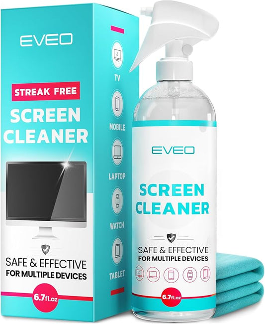 EVEO® TV Screen Cleaner Spray (Streak-Free) TV Screen Cleaner for Smart TV, LCD, LED, OLED | Computer Screen Cleaner Spray and Wipe Microfiber Cloth for TV, Monitor, Laptop, iPad, Car, Tesla & More