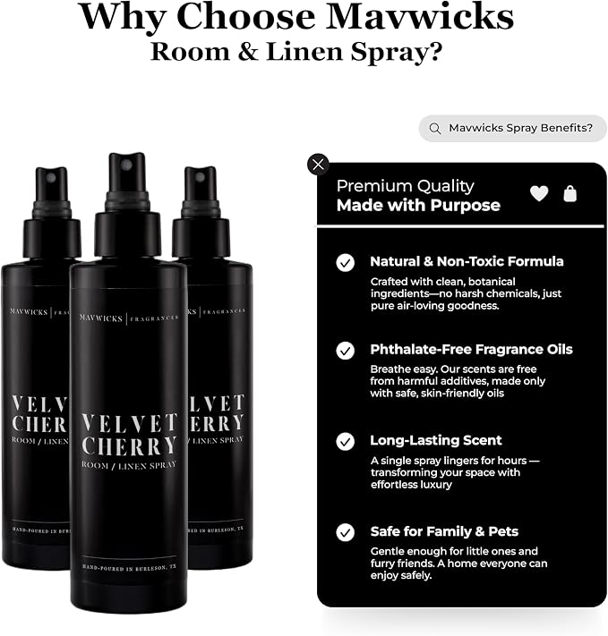 Mavwicks Fragrances - (Velvet Cherry) Linen & Room Spray (8oz) – Bedroom & Home Fragrance Mist, Long-Lasting Freshness To Brighten Up Your Space, Fabric & Air Freshener, Aromatherapy Scent Spray