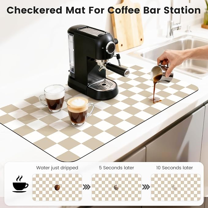 17" x 32" Checkered Dish Drying Mat for Kitchen Counter, Absorbent Coffee Bar Mat for Espresso Machine Coffee Countertops Accessories, Beige