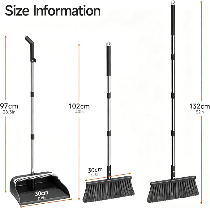 Broom and Dustpan Set, 52" Long Handle with Dust Pan Teeth, Black | Standing Broom with Dustpan Combo Set Clean Pet Hair, Easy Sweeping Suitable for Home Kitchen Office Lobby