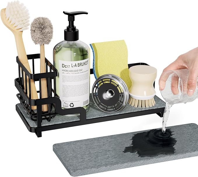 Consumest Sponge Holder for Kitchen Sink - Sink Caddy Organizer with Water Absorbing Stone Tray, Detachable Brush Holder, Stainless Steel Kitchen Counter Organizer Rack, Black