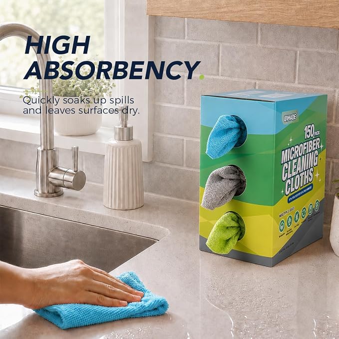 UNIMADE Microfiber Cleaning Cloth, 150 Pack Microfiber Towels for Cars | Reusable Paper Towels Lint Free Shop Rags with Box for Home Kitchen Automotive, 11"x 9", Blue & Grey & Green