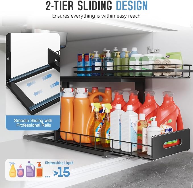 Under Sink Organizer Upgrade To Professional Rails,2-Tier Dual Pull Out Cabinet Storage,Height Adjustable Slide Out Drawers For Bathroom Kitchen,1 Pack-21"Dx12.8"-16.9"H,Black