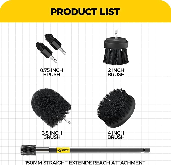 Holikme 6Pack Drill Brush Power Scrubber Cleaning Brush Extended Long Attachment Set All Purpose Drill Scrub Brushes Kit for Grout, Floor, Tub, Shower, Tile, Bathroom Black | 5 Head Sizes, Black Nylon Fibers, Power Scrubber Attachments for Tile, Tub, S...