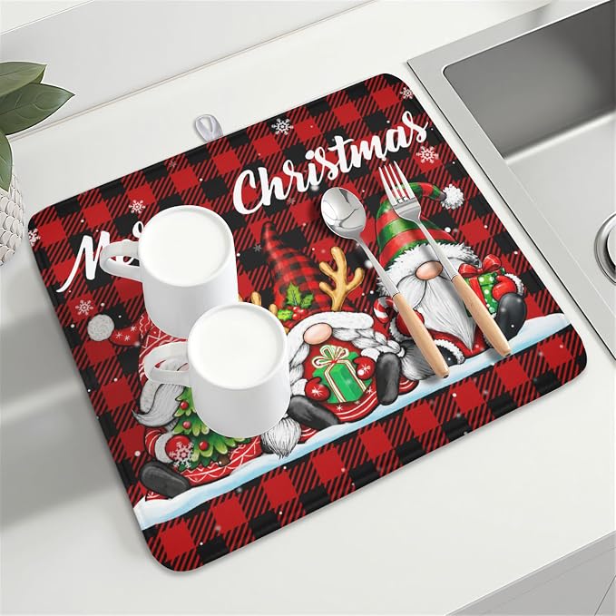 Merry Christmas Dish Drying Mat 16x18 Inch Xmas Santa Claus Winter | Polyester，Absorbent Microfiber，for Kitchen Coffee Dining Bar Decor