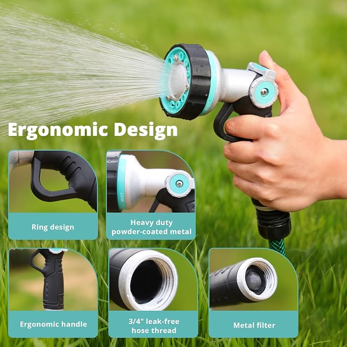 QUOBAS Garden Hose Nozzle Heavy Duty, Water Hose Sprayer Nozzle | 6 Adjustable Spray Patterns, Slip Resistant Hose Nozzle with Thumb Control for Watering Lawn, Car Wash, Pet Cleaning & Patio