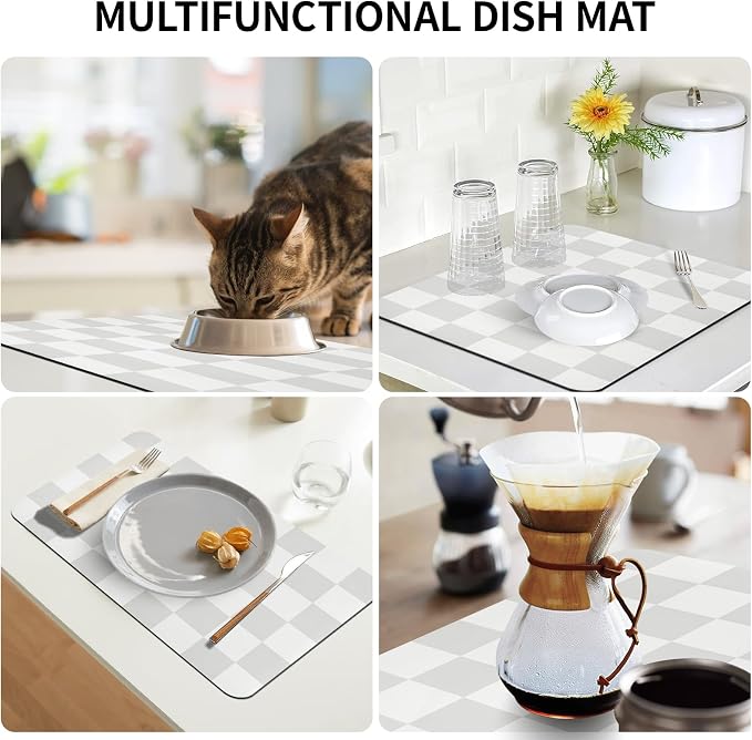 Dish Drying Mat for Kitchen Counter,12"x 19" Super Absorbent Kitchen Dish Drying Pad, Coffee Bar Mat with Rubber Backed, Coffee Bar Accessories for Countertop Dishes Utensils,Grey Checkered